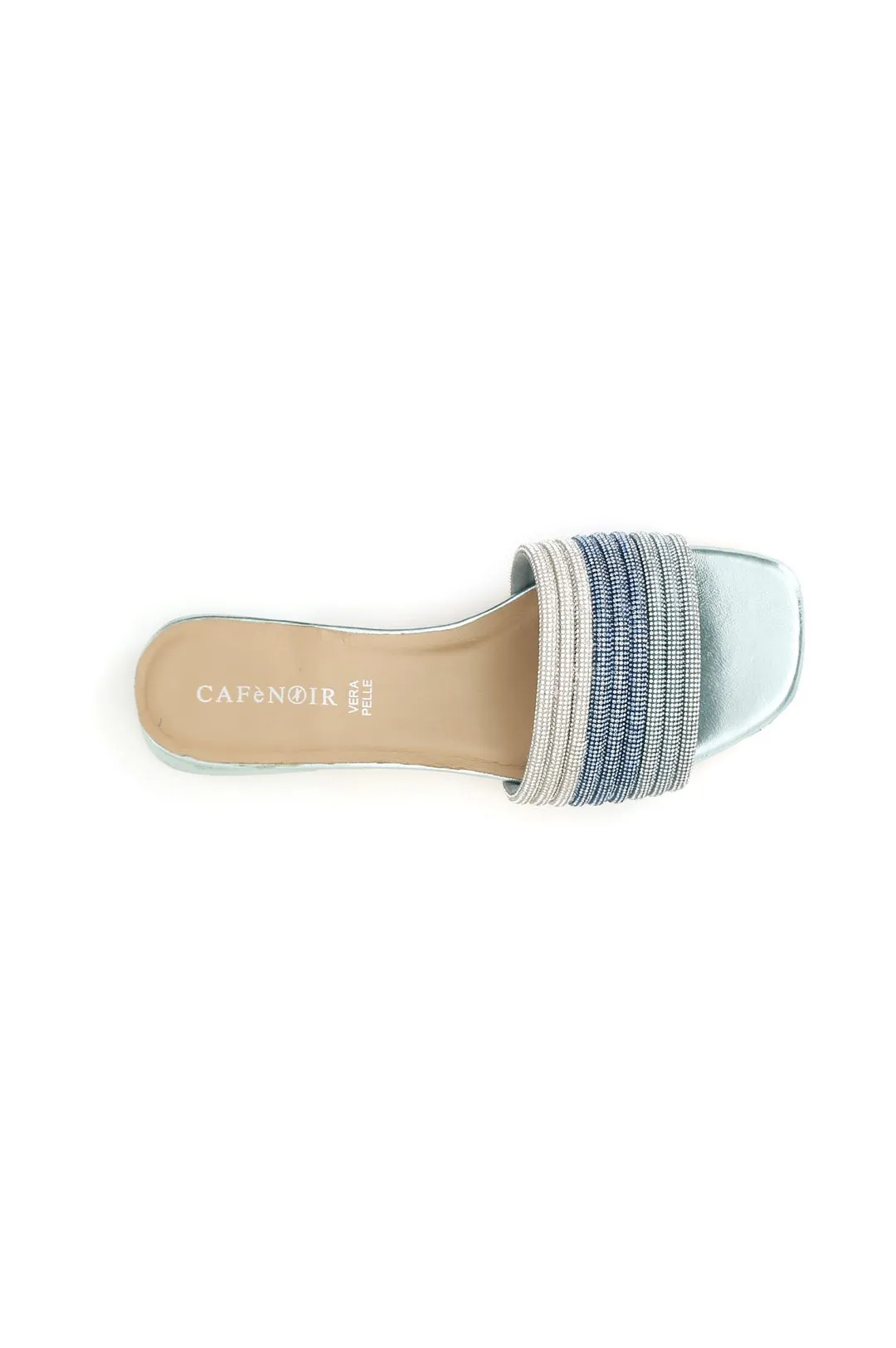 zapatilla efecto laminado con pedrería sky blu